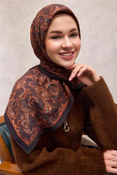 Viskon Velora Eşarp Koyu Kahverengi Tonlu Barok Floral Desenli Tok Duruşlu 90x90