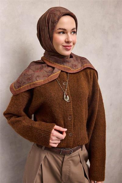 Viskon Velora Eşarp Tarçın Floral Desenli Tok Duruşlu 90x90