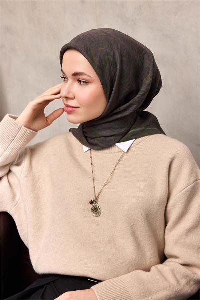 Viskon Velora Eşarp Asker Yeşili Floral Desenli Tok Duruşlu 90x90