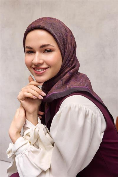 Viskon Velora Eşarp Koyu Mor Tonlu Barok Floral Desenli Tok Duruşlu 90x90