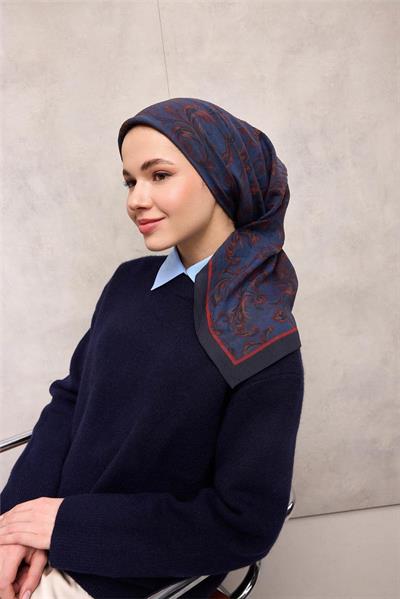 Viskon Velora Eşarp Koyu Indigo Tonlu Barok Floral Desenli Tok Duruşlu 90x90
