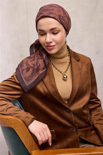 Viskon Velora Eşarp Mürdüm-Kahve Floral Desenli Tok Duruşlu 90x90