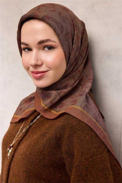 Viskon Velora Eşarp Tarçın Floral Desenli Tok Duruşlu 90x90