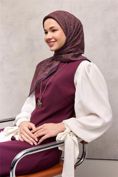 Viskon Velora Eşarp Koyu Mor Tonlu Barok Floral Desenli Tok Duruşlu 90x90