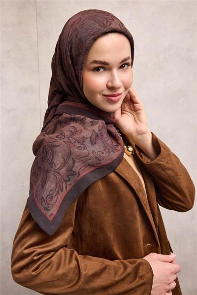 Viskon Velora Eşarp Acı Kahve Tonlu Barok Floral Desenli Tok Duruşlu 90x90