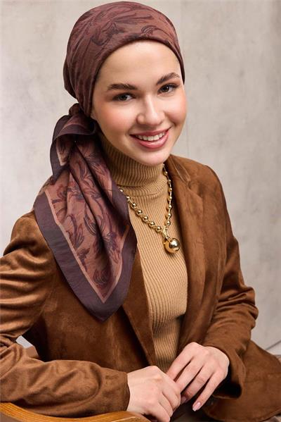 Viskon Velora Eşarp Mürdüm-Kahve Floral Desenli Tok Duruşlu 90x90