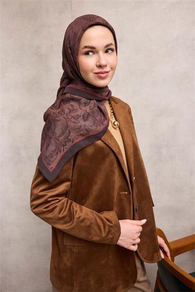 Viskon Velora Eşarp Acı Kahve Tonlu Barok Floral Desenli Tok Duruşlu 90x90