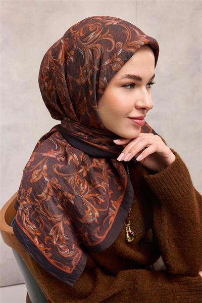 Viskon Velora Eşarp Koyu Kahverengi Tonlu Barok Floral Desenli Tok Duruşlu 90x90