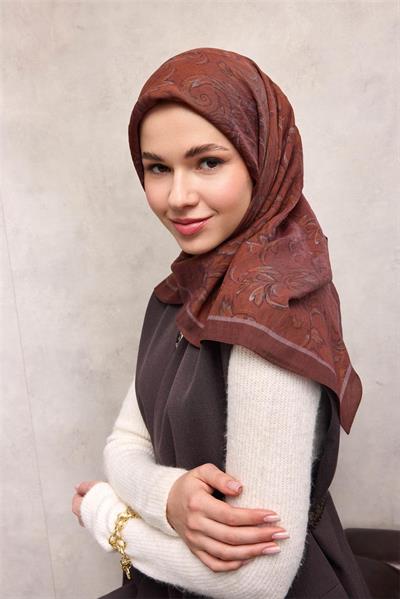 Viskon Velora Eşarp Açık Kahve Tonlu Barok Floral Desenli Tok Duruşlu 90x90