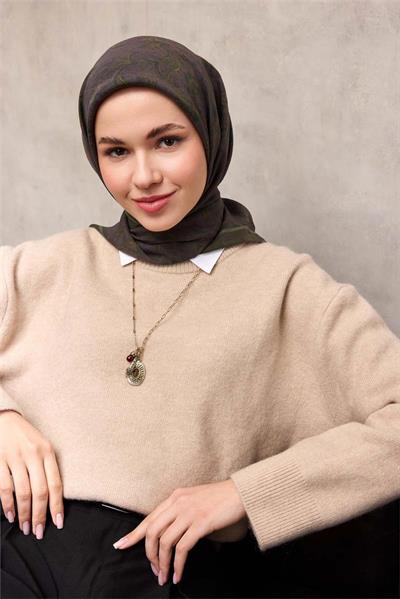 Viskon Velora Eşarp Asker Yeşili Floral Desenli Tok Duruşlu 90x90