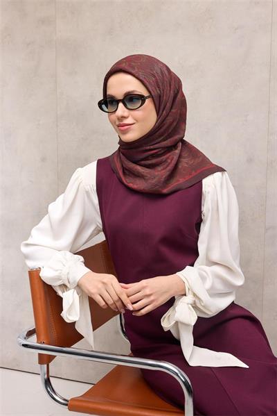 Viskon Velora Eşarp Koyu Mürdüm Tonlu Barok Floral Desenli Tok Duruşlu 90x90