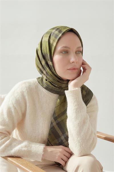 Viskon Velora Eşarp Ekose Desenli Yeşil-Gri Tok Duruşlu Dört Mevsim 90x90