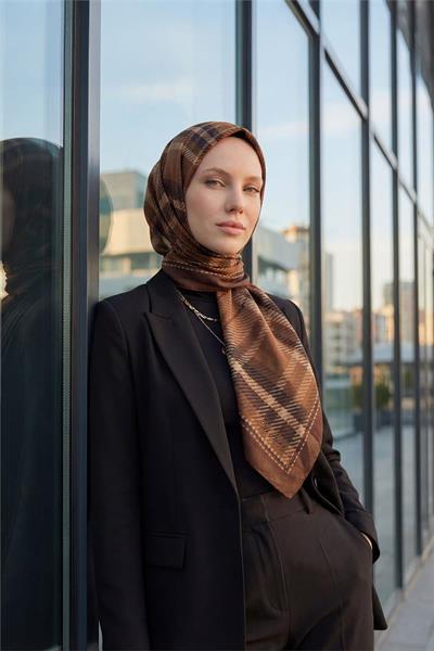 Viskon Velora Eşarp Çikolata Kahve Ekose Desenli Tok Duruşlu Kaymaz 90x90