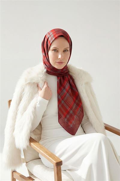 Viskon Velora Eşarp Ekose Desenli Koyu Kırmızı Tok Duruşlu Dört Mevsim 90x90
