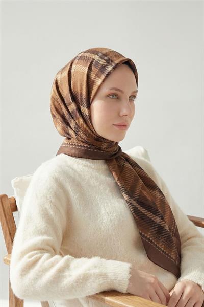 Viskon Velora Eşarp Çikolata Kahve Ekose Desenli Tok Duruşlu Kaymaz 90x90
