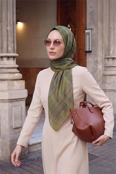 Viskon Velora Eşarp Ekose Desenli Yağ Yeşili Tok Duruşlu Dört Mevsim 90x90