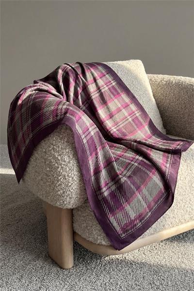 Viskon Velora Eşarp Ekose Desenli Mor Tok Duruşlu Dört Mevsim 90x90