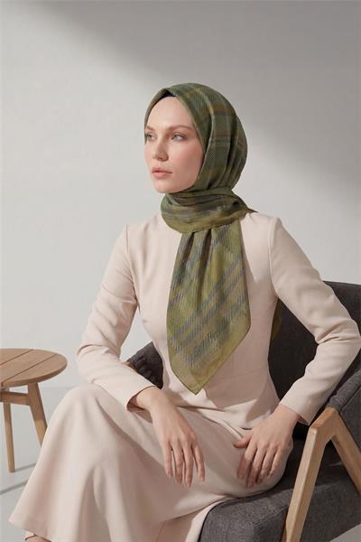 Viskon Velora Eşarp Ekose Desenli Yağ Yeşili Tok Duruşlu Dört Mevsim 90x90