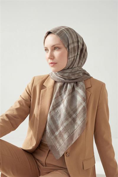Viskon Velora Eşarp Ekose Desenli Latte Tok Duruşlu Dört Mevsim 90x90