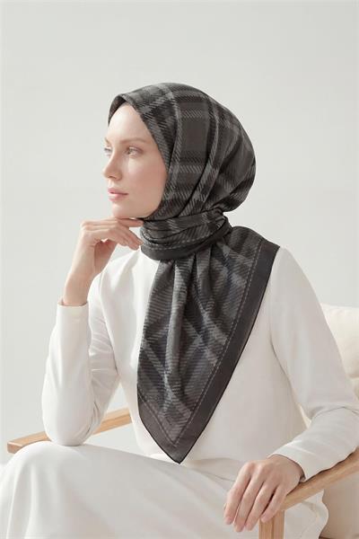Viskon Velora Eşarp Füme Ekose Desenli Tok Duruşlu Kaymaz 90x90
