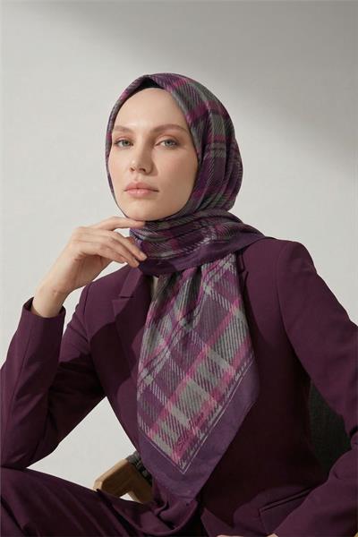 Viskon Velora Eşarp Ekose Desenli Mor Tok Duruşlu Dört Mevsim 90x90