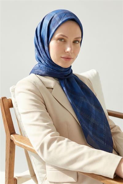 Viskon Velora Eşarp Lacivert Ekose Desenli Tok Duruşlu Kaymaz 90x90