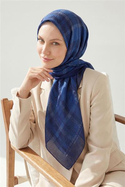 Viskon Velora Eşarp Lacivert Ekose Desenli Tok Duruşlu Kaymaz 90x90