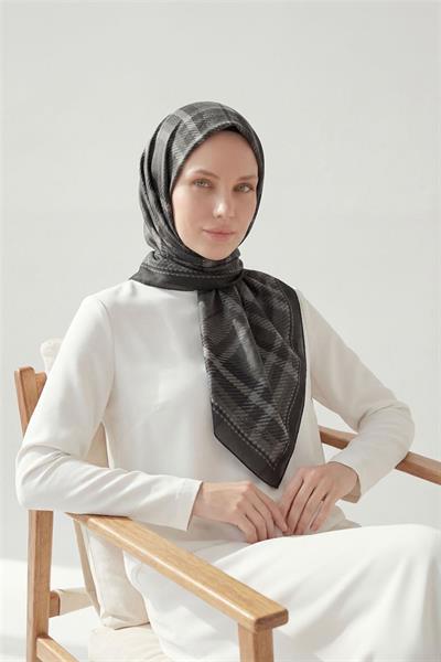 Viskon Velora Eşarp Füme Ekose Desenli Tok Duruşlu Kaymaz 90x90