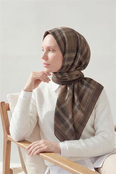 Viskon Velora Eşarp Sütlü Kahve Ekose Desenli Tok Duruşlu Kaymaz 90x90