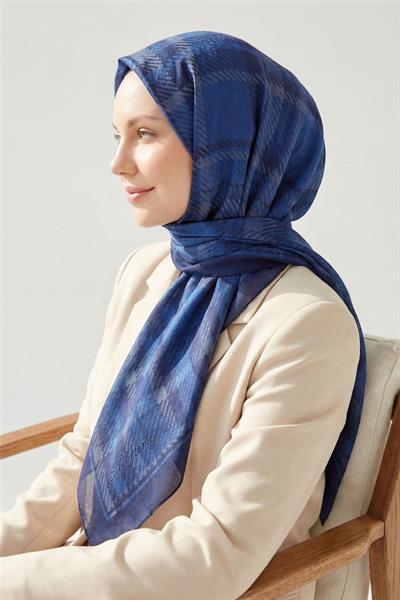 Viskon Velora Eşarp Lacivert Ekose Desenli Tok Duruşlu Kaymaz 90x90