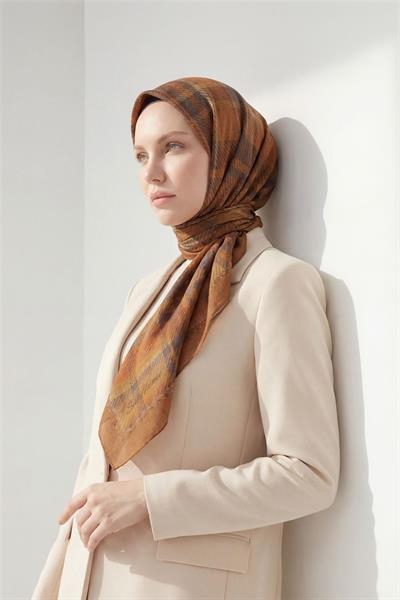 Viskon Velora Eşarp Ekose Desenli Kiremit Tok Duruşlu Dört Mevsim 90x90