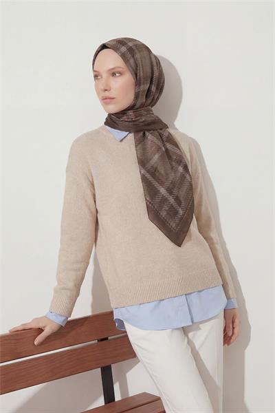 Viskon Velora Eşarp Kahverengi Ekose Desenli Tok Duruşlu Kaymaz 90x90