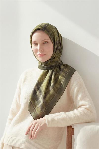 Viskon Velora Eşarp Ekose Desenli Yeşil-Gri Tok Duruşlu Dört Mevsim 90x90