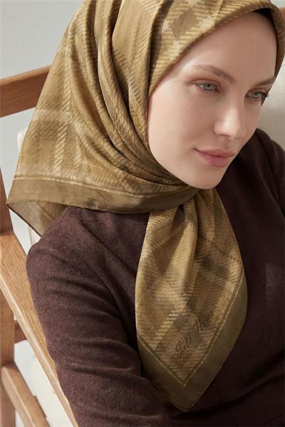 Viskon Velora Eşarp Ekose Desenli Hardal Tok Duruşlu Dört Mevsim 90x90