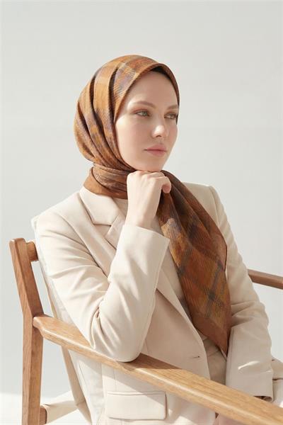 Viskon Velora Eşarp Ekose Desenli Kiremit Tok Duruşlu Dört Mevsim 90x90