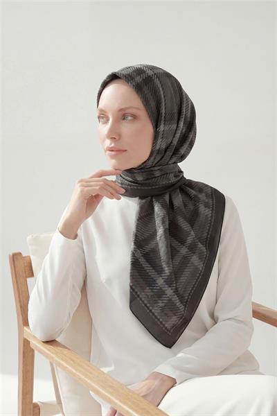 Viskon Velora Eşarp Füme Ekose Desenli Tok Duruşlu Kaymaz 90x90