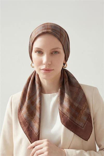 Viskon Velora Eşarp Kahve Bordo Ekose Desenli Tok Duruşlu Kaymaz 90x90