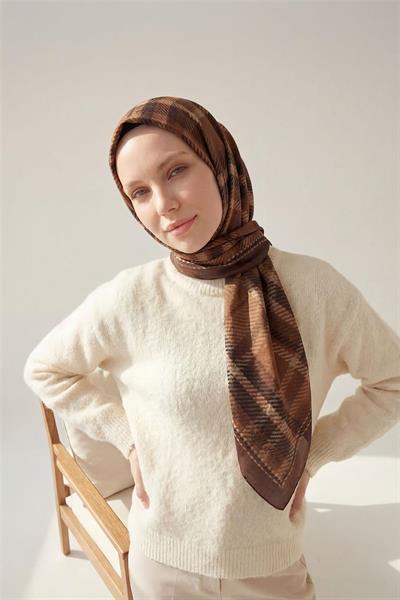 Viskon Velora Eşarp Çikolata Kahve Ekose Desenli Tok Duruşlu Kaymaz 90x90
