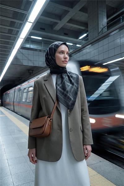 Viskon Velora Eşarp Füme Ekose Desenli Tok Duruşlu Kaymaz 90x90