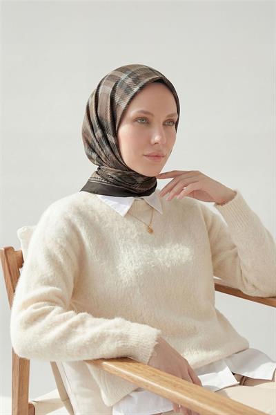 Viskon Velora Eşarp Acı Kahve Ekose Desenli Tok Duruşlu Kaymaz 90x90