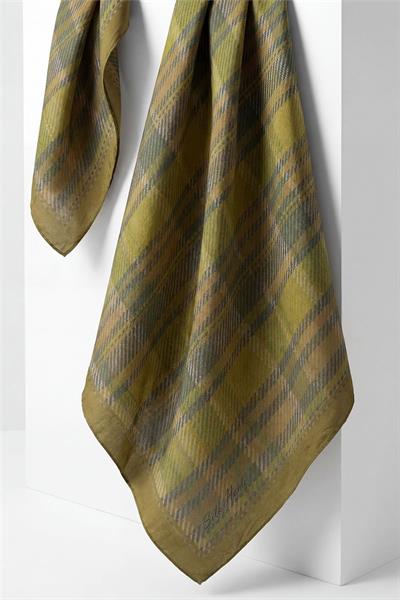 Viskon Velora Eşarp Ekose Desenli Yağ Yeşili Tok Duruşlu Dört Mevsim 90x90