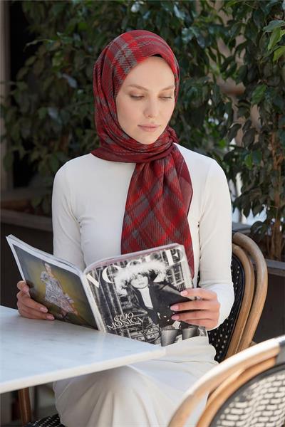 Viskon Velora Eşarp Ekose Desenli Koyu Kırmızı Tok Duruşlu Dört Mevsim 90x90