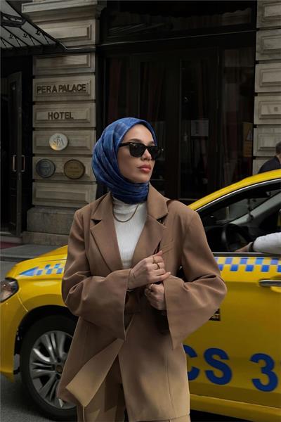 Viskon Velora Eşarp Lacivert Ekose Desenli Tok Duruşlu Kaymaz 90x90