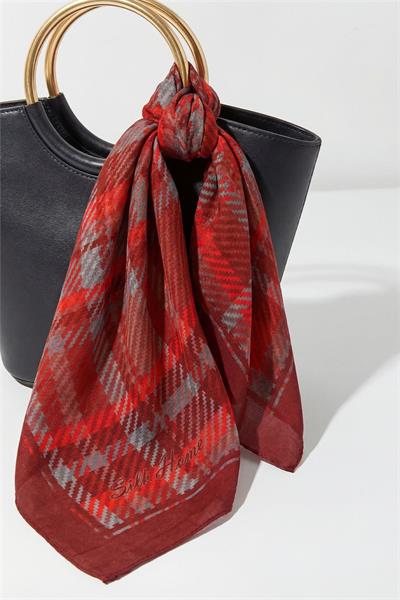 Viskon Velora Eşarp Ekose Desenli Koyu Kırmızı Tok Duruşlu Dört Mevsim 90x90