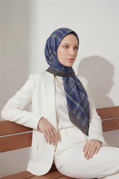 Viskon Velora Eşarp Duman Ekose Desenli Tok Duruşlu Kaymaz 90x90