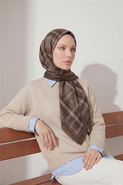 Viskon Velora Eşarp Kahverengi Ekose Desenli Tok Duruşlu Kaymaz 90x90