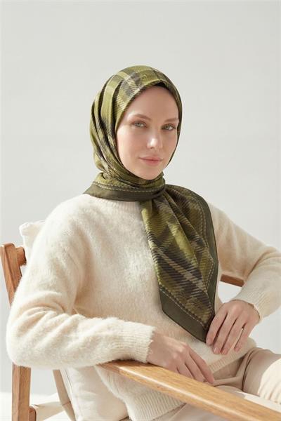 Viskon Velora Eşarp Ekose Desenli Yeşil-Gri Tok Duruşlu Dört Mevsim 90x90