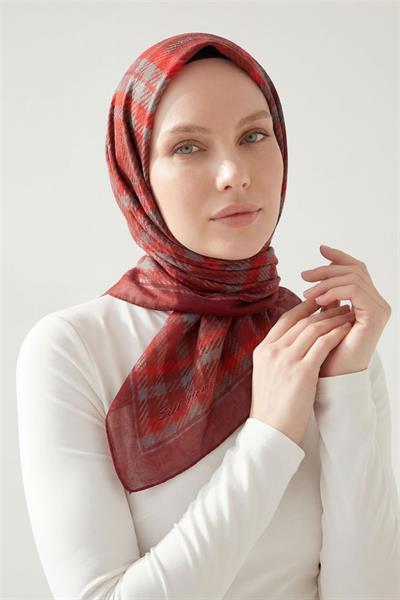 Viskon Velora Eşarp Ekose Desenli Koyu Kırmızı Tok Duruşlu Dört Mevsim 90x90