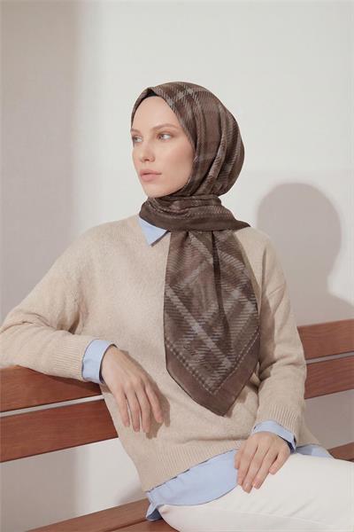 Viskon Velora Eşarp Kahverengi Ekose Desenli Tok Duruşlu Kaymaz 90x90