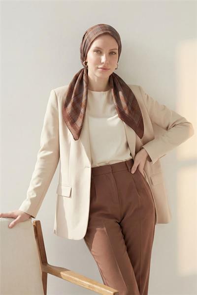 Viskon Velora Eşarp Kahve Bordo Ekose Desenli Tok Duruşlu Kaymaz 90x90